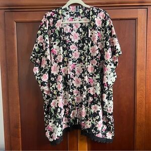 Apt. 9 Black and Pink Floral Open Shawl/Beach Coverup OSFM